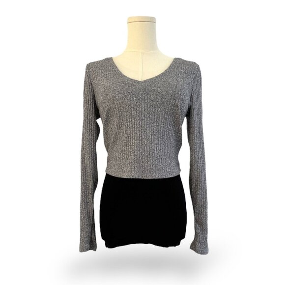 Crop Top Short Top Soft Ribbed Heather Gray Light Weight Long Sleeve Wm Med EUC - Picture 4 of 8